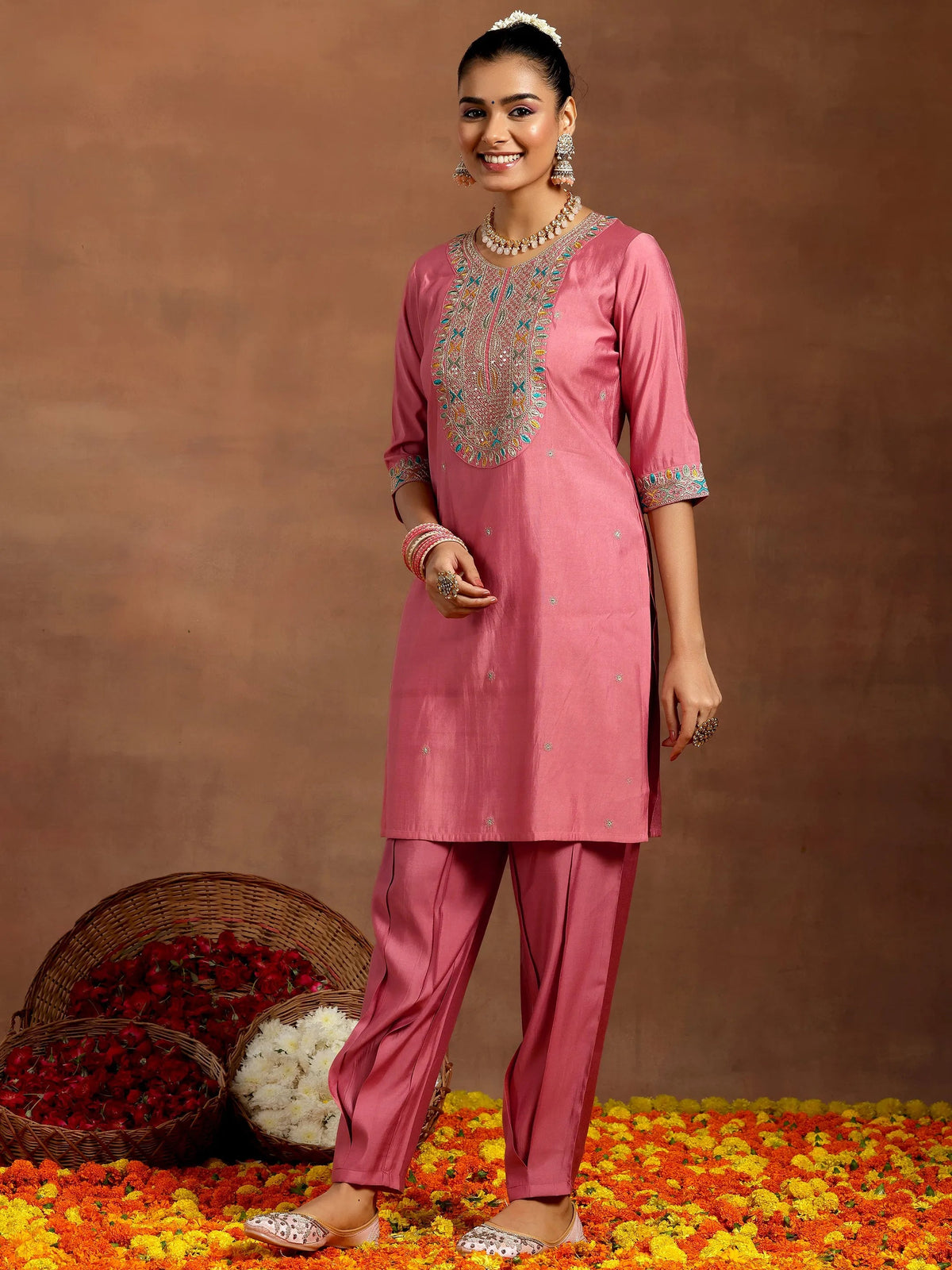 Anouk Peach Embroidered Silk Blend Straight Suit With Dupatta