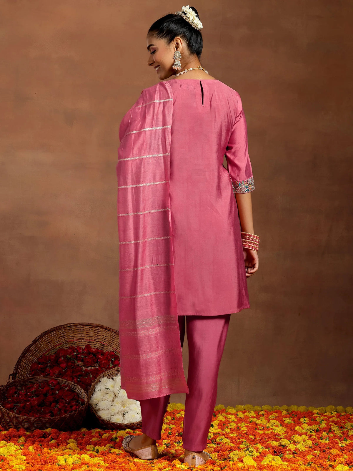 Anouk Peach Embroidered Silk Blend Straight Suit With Dupatta