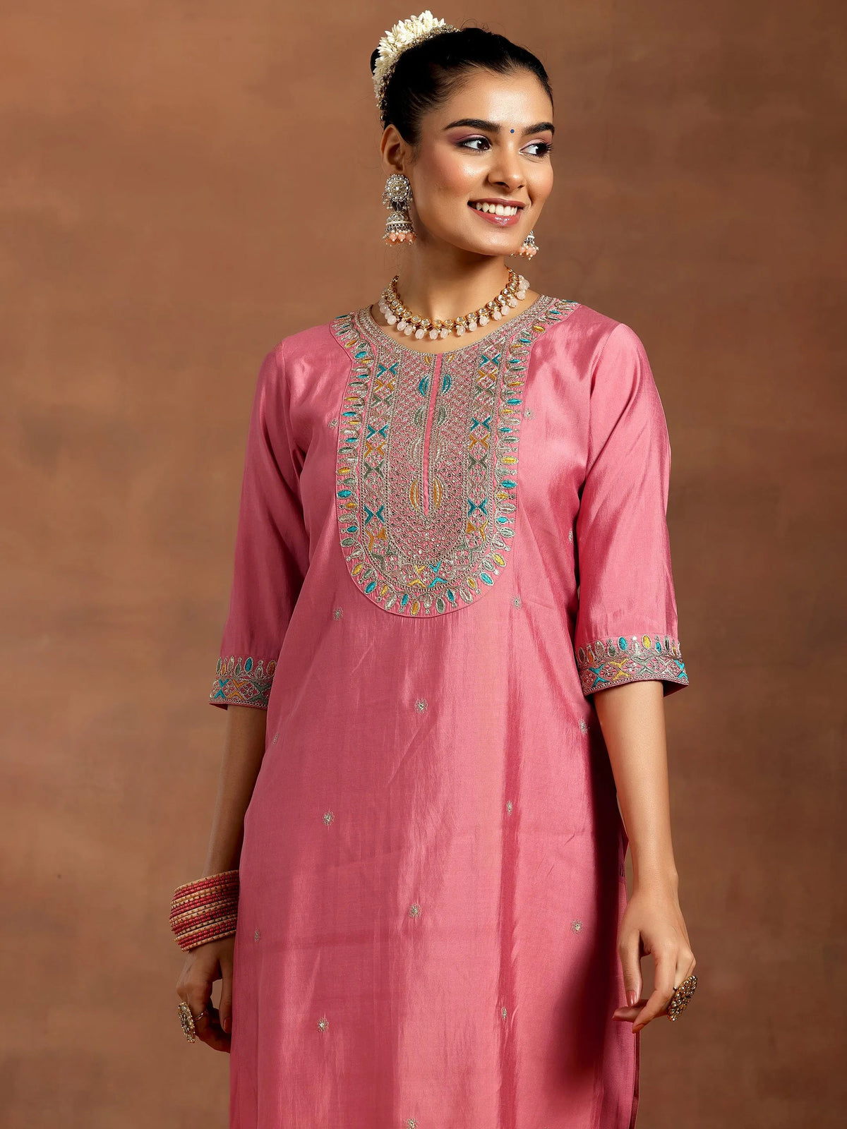 Anouk Peach Embroidered Silk Blend Straight Suit With Dupatta