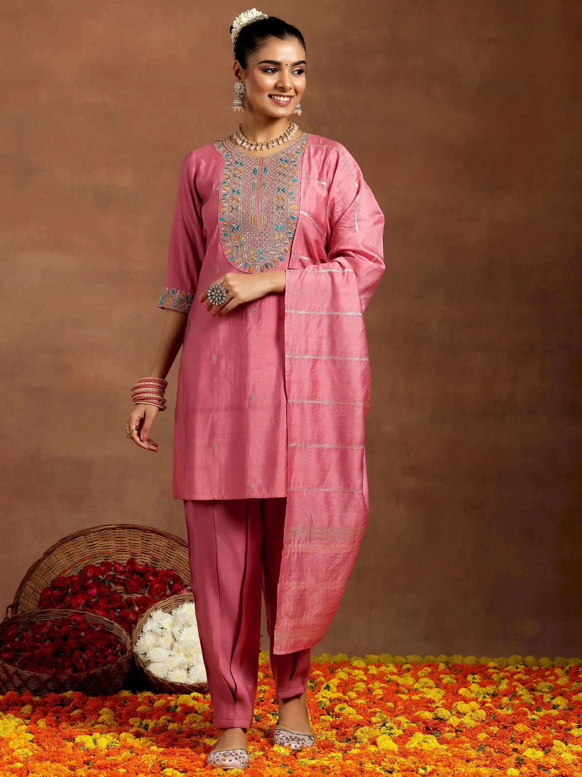Anouk Peach Embroidered Silk Blend Straight Suit With Dupatta