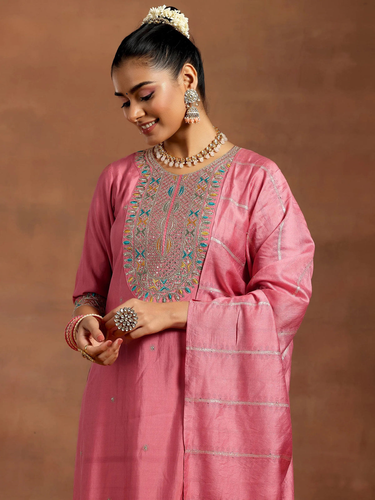 Anouk Peach Embroidered Silk Blend Straight Suit With Dupatta