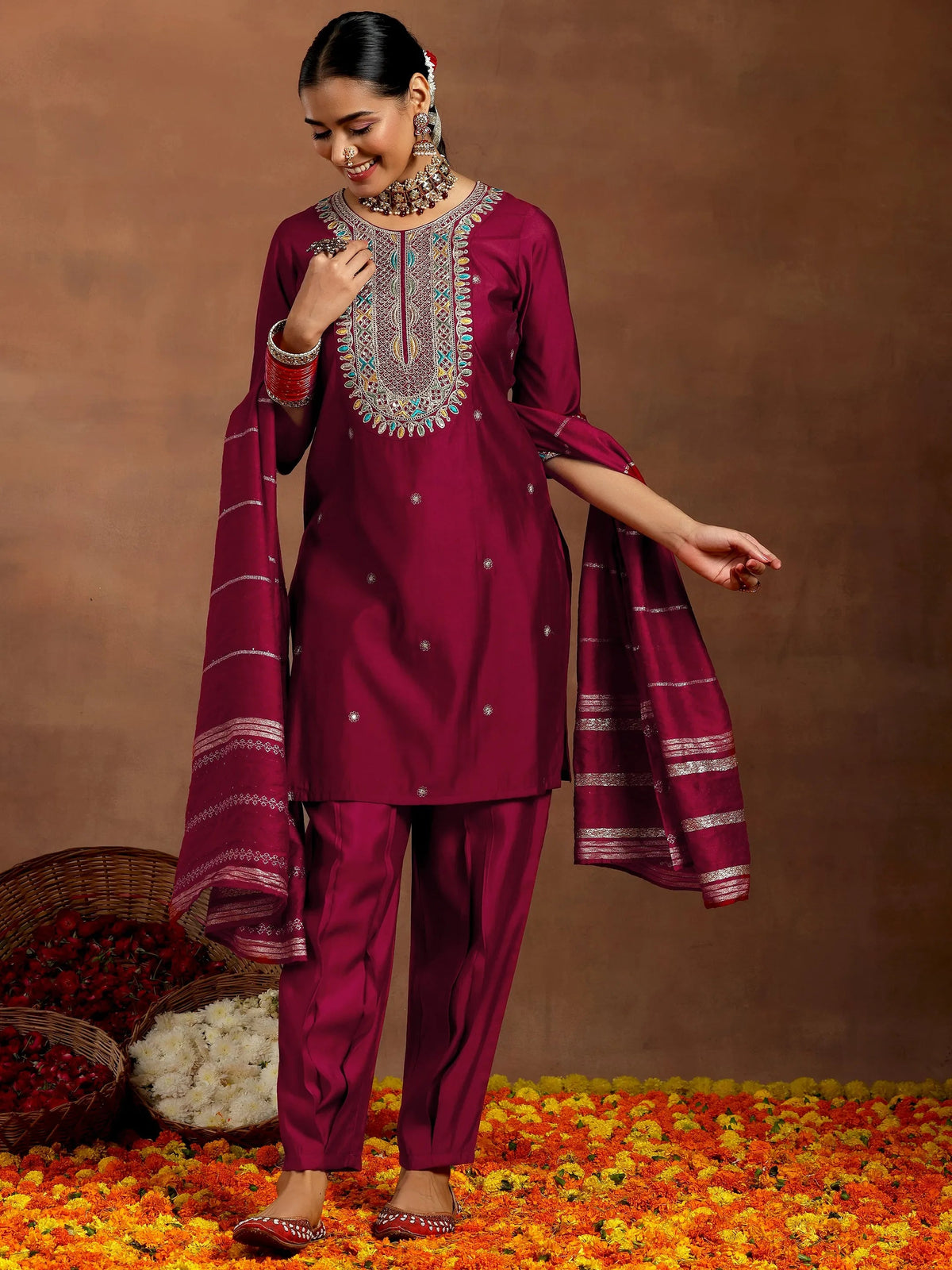Anouk Maroon Embroidered Silk Blend Straight Suit With Dupatta