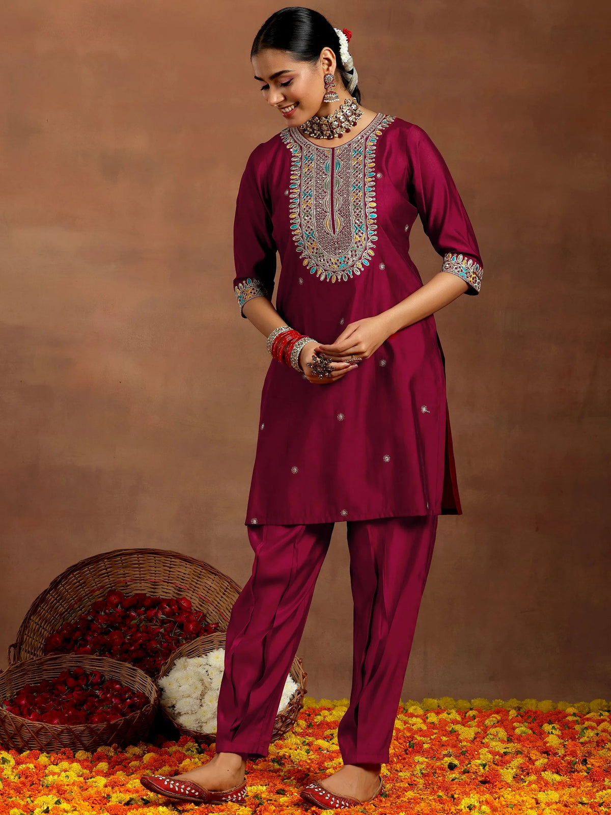Anouk Maroon Embroidered Silk Blend Straight Suit With Dupatta