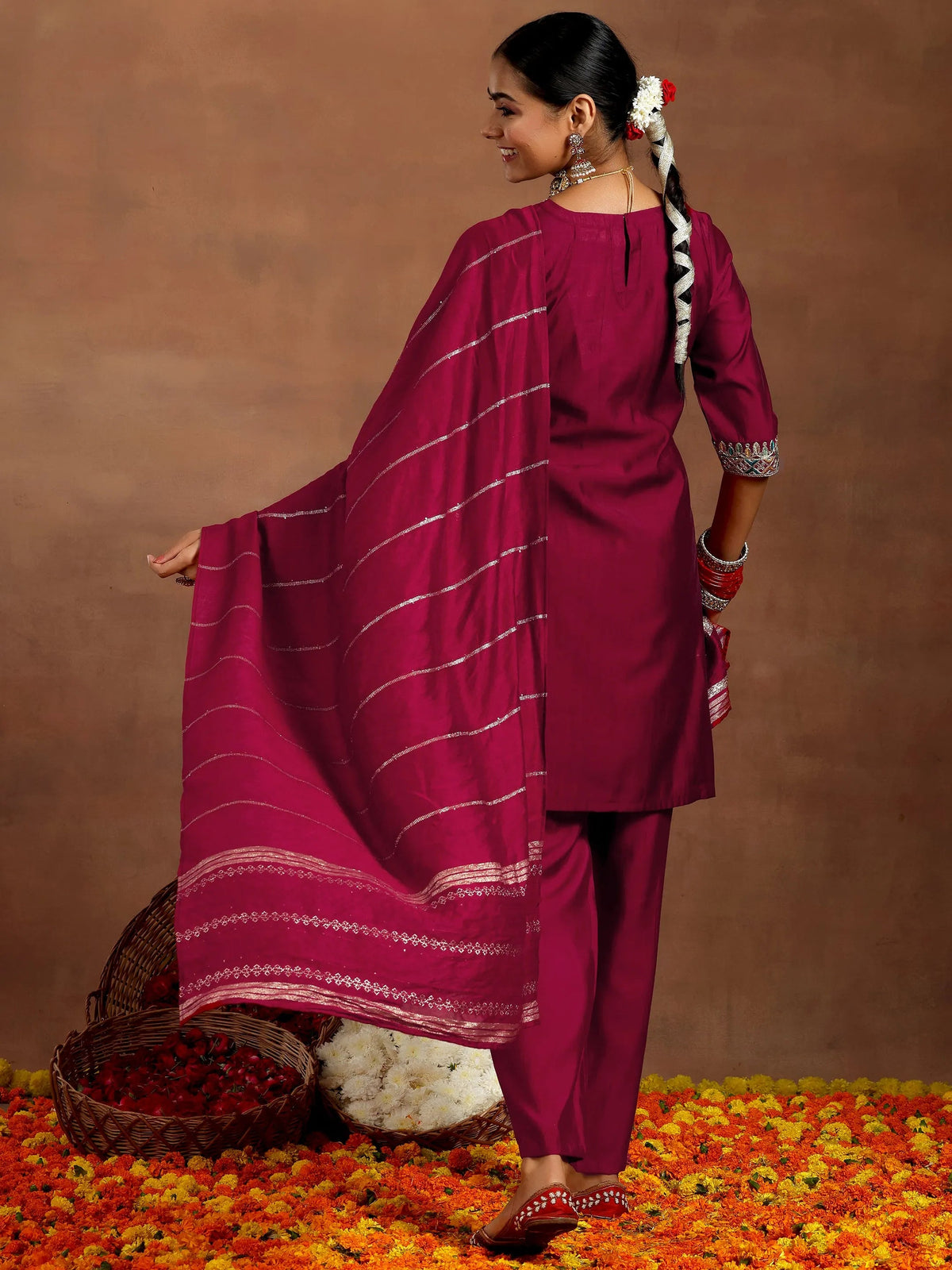 Anouk Maroon Embroidered Silk Blend Straight Suit With Dupatta
