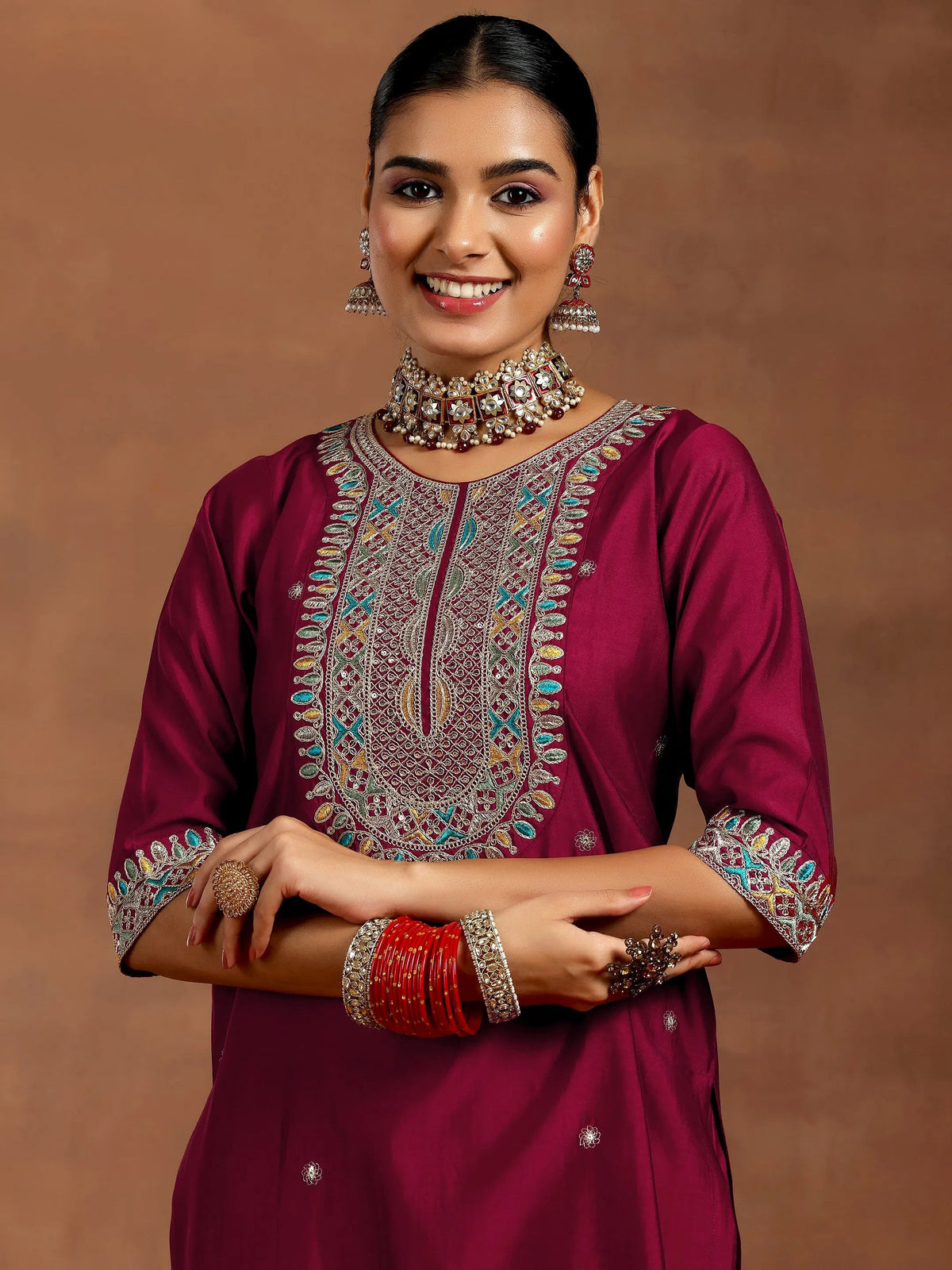 Anouk Maroon Embroidered Silk Blend Straight Suit With Dupatta