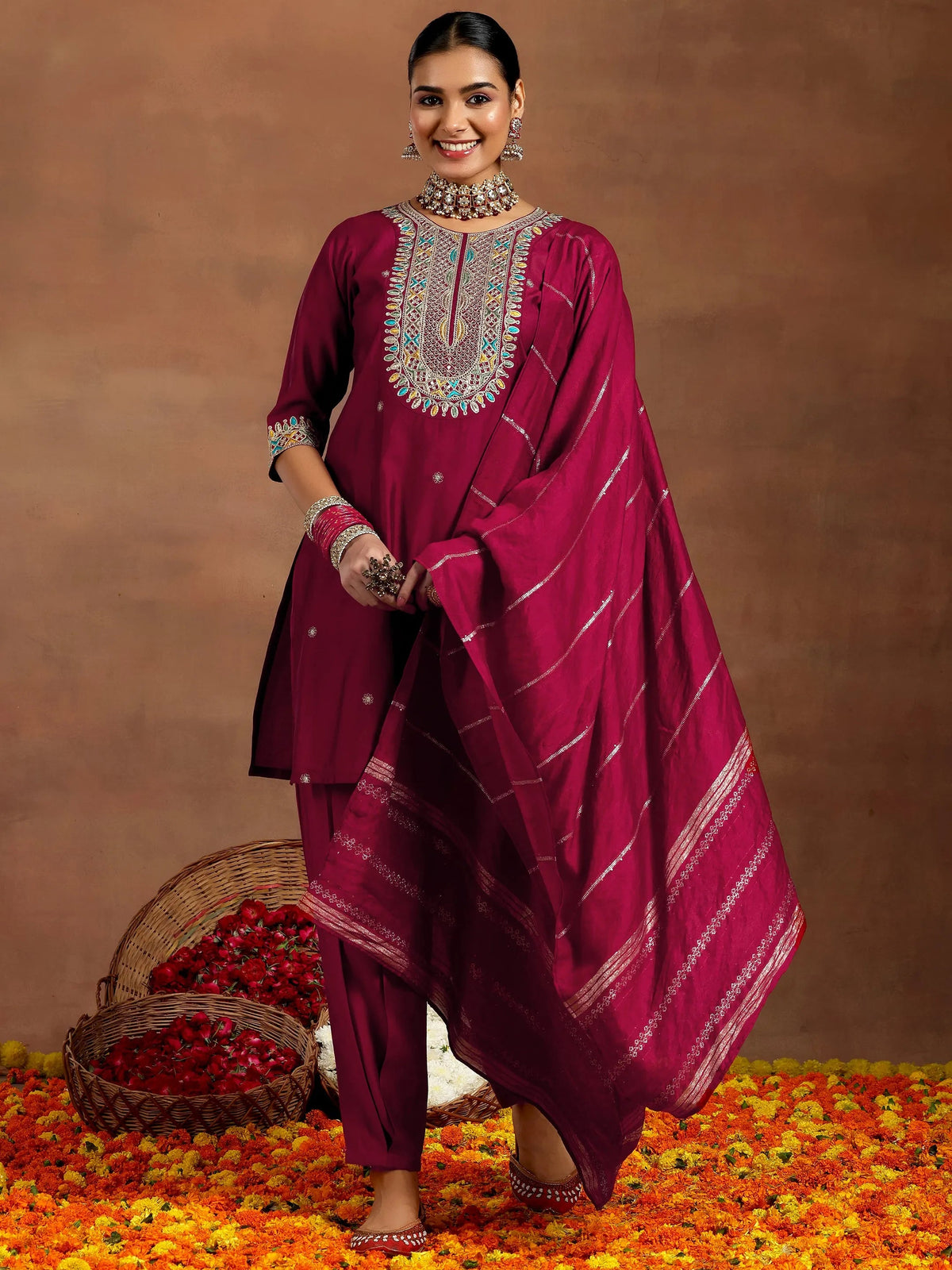 Anouk Maroon Embroidered Silk Blend Straight Suit With Dupatta