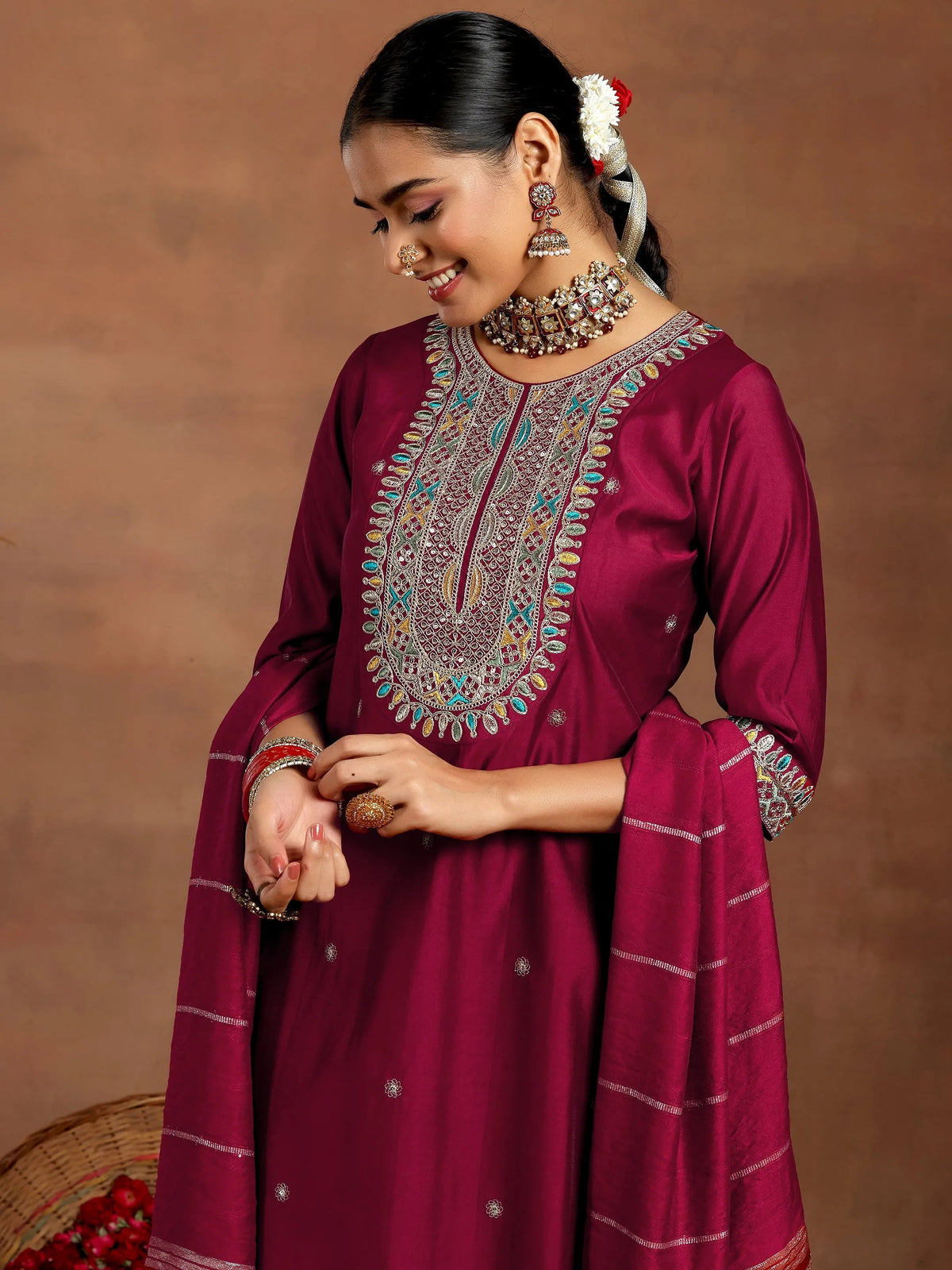 Anouk Maroon Embroidered Silk Blend Straight Suit With Dupatta