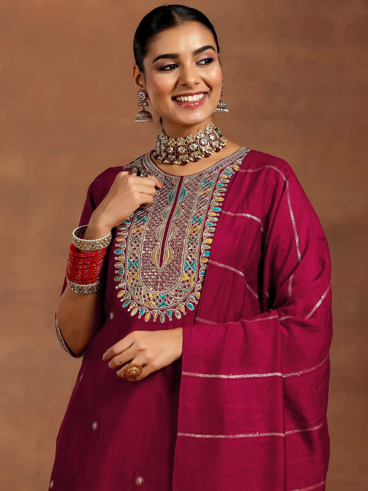 Anouk Maroon Embroidered Silk Blend Straight Suit With Dupatta