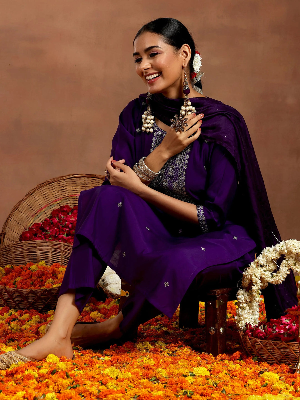 Anouk Purple Embroidered Silk Blend Straight Suit With Dupatta