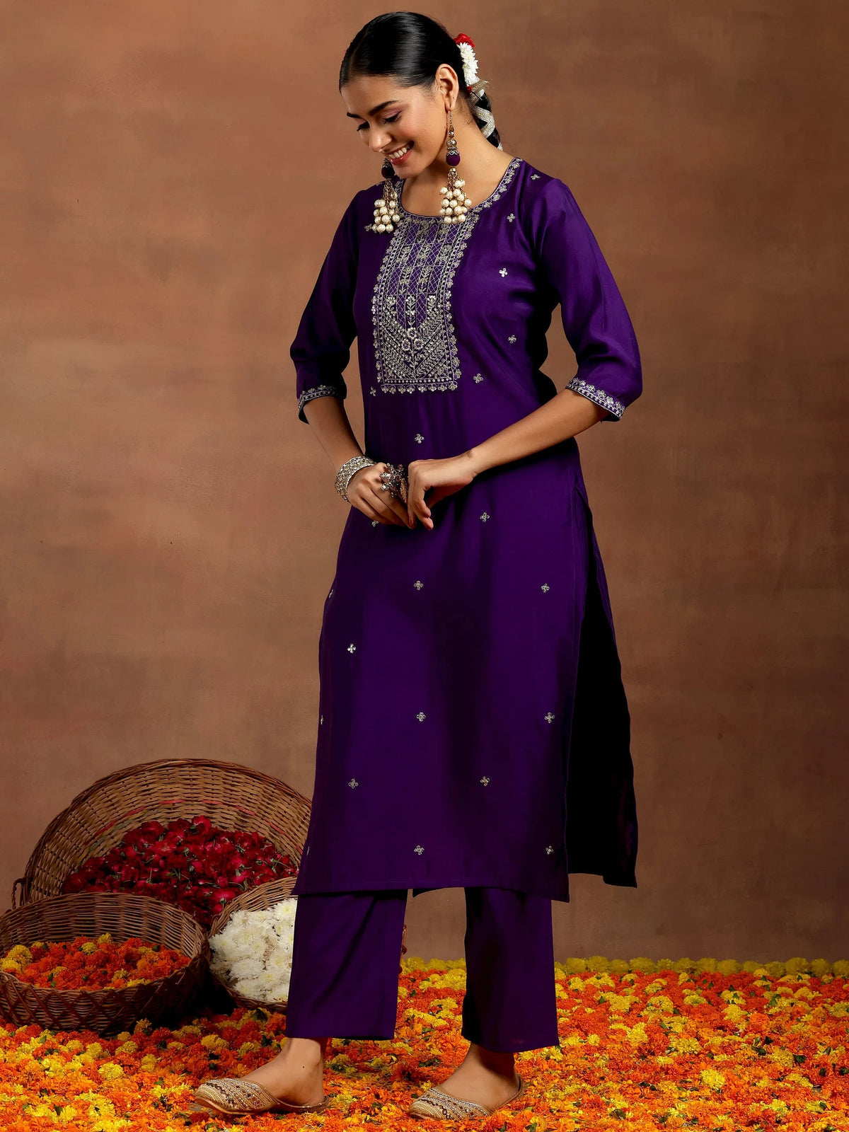 Anouk Purple Embroidered Silk Blend Straight Suit With Dupatta