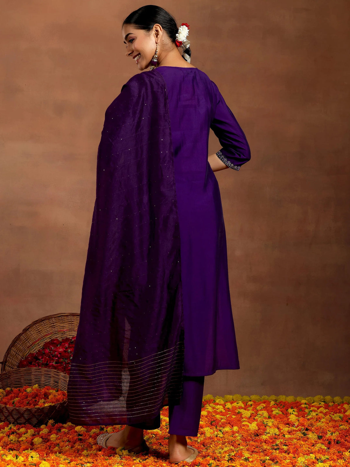 Anouk Purple Embroidered Silk Blend Straight Suit With Dupatta