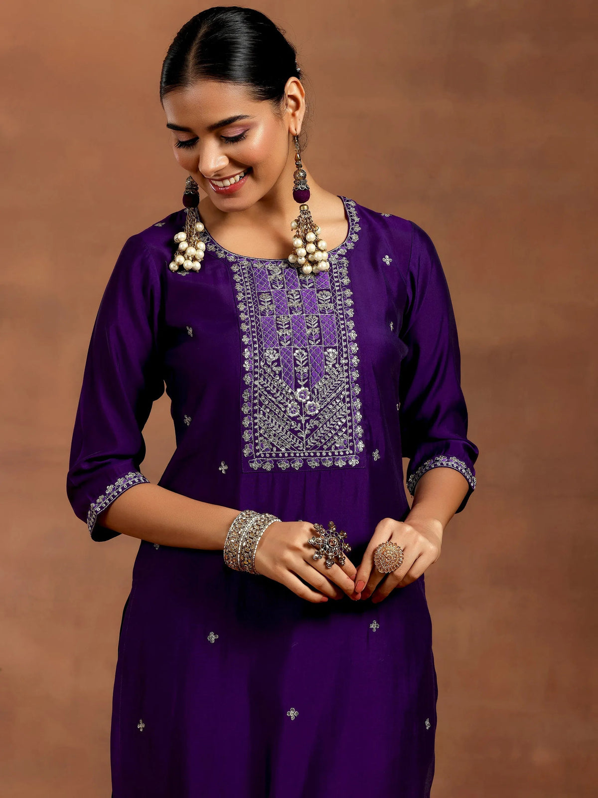 Anouk Purple Embroidered Silk Blend Straight Suit With Dupatta