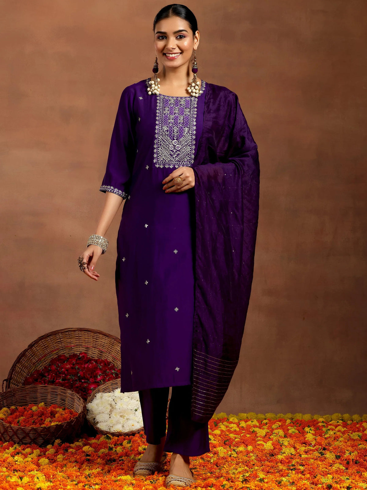 Anouk Purple Embroidered Silk Blend Straight Suit With Dupatta