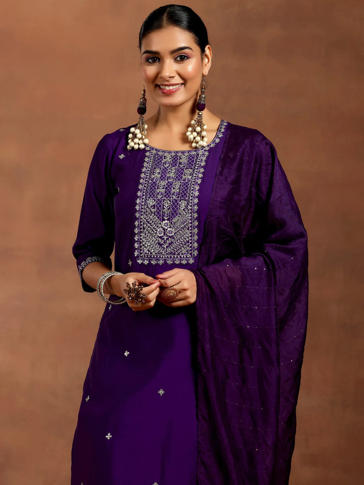 Anouk Purple Embroidered Silk Blend Straight Suit With Dupatta