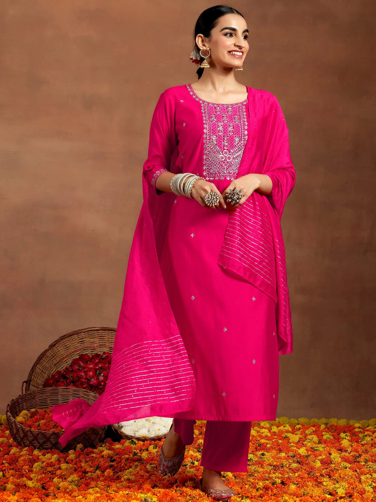 Anouk Pink Embroidered Silk Blend Straight Suit With Dupatta