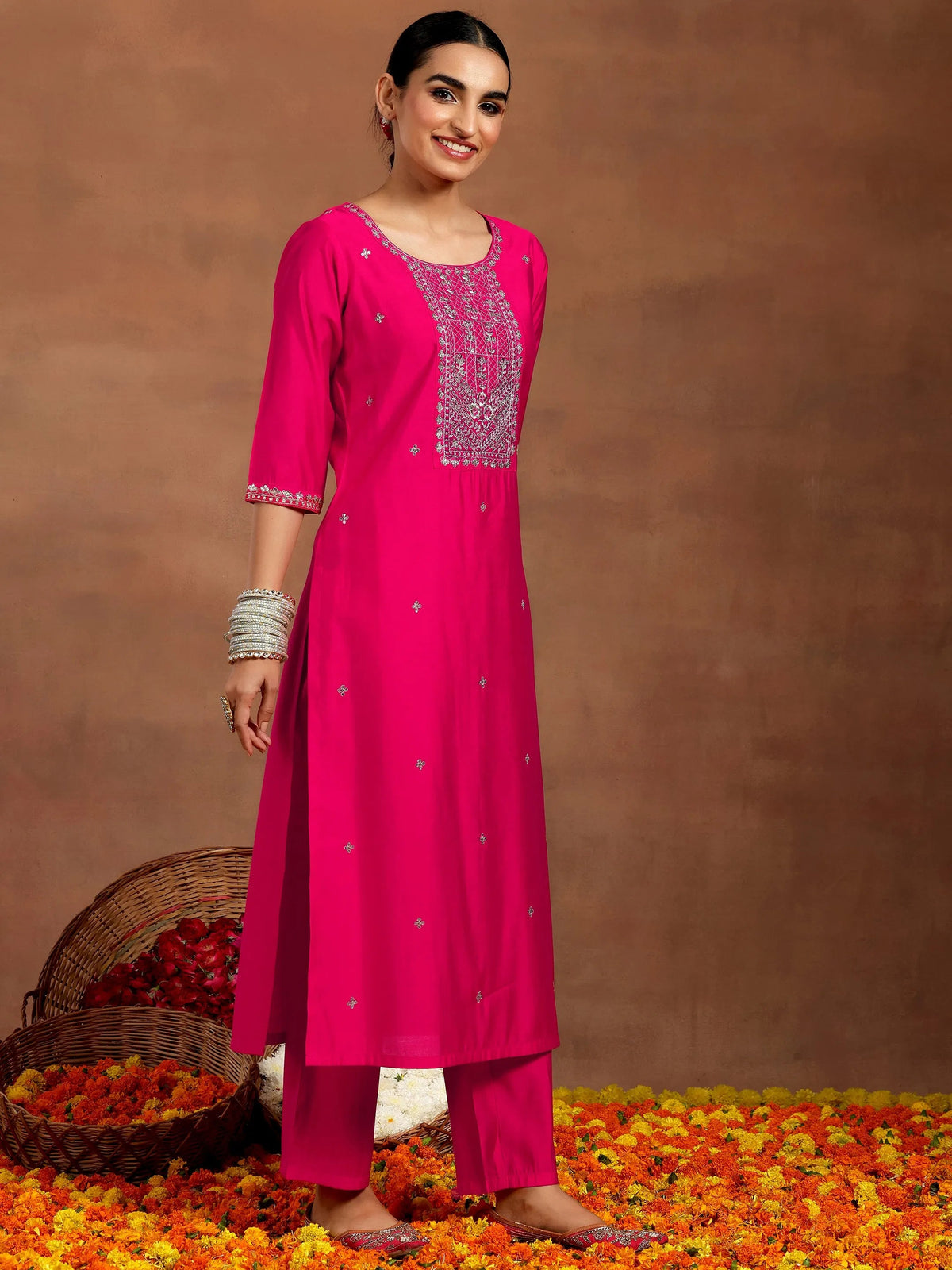 Anouk Pink Embroidered Silk Blend Straight Suit With Dupatta