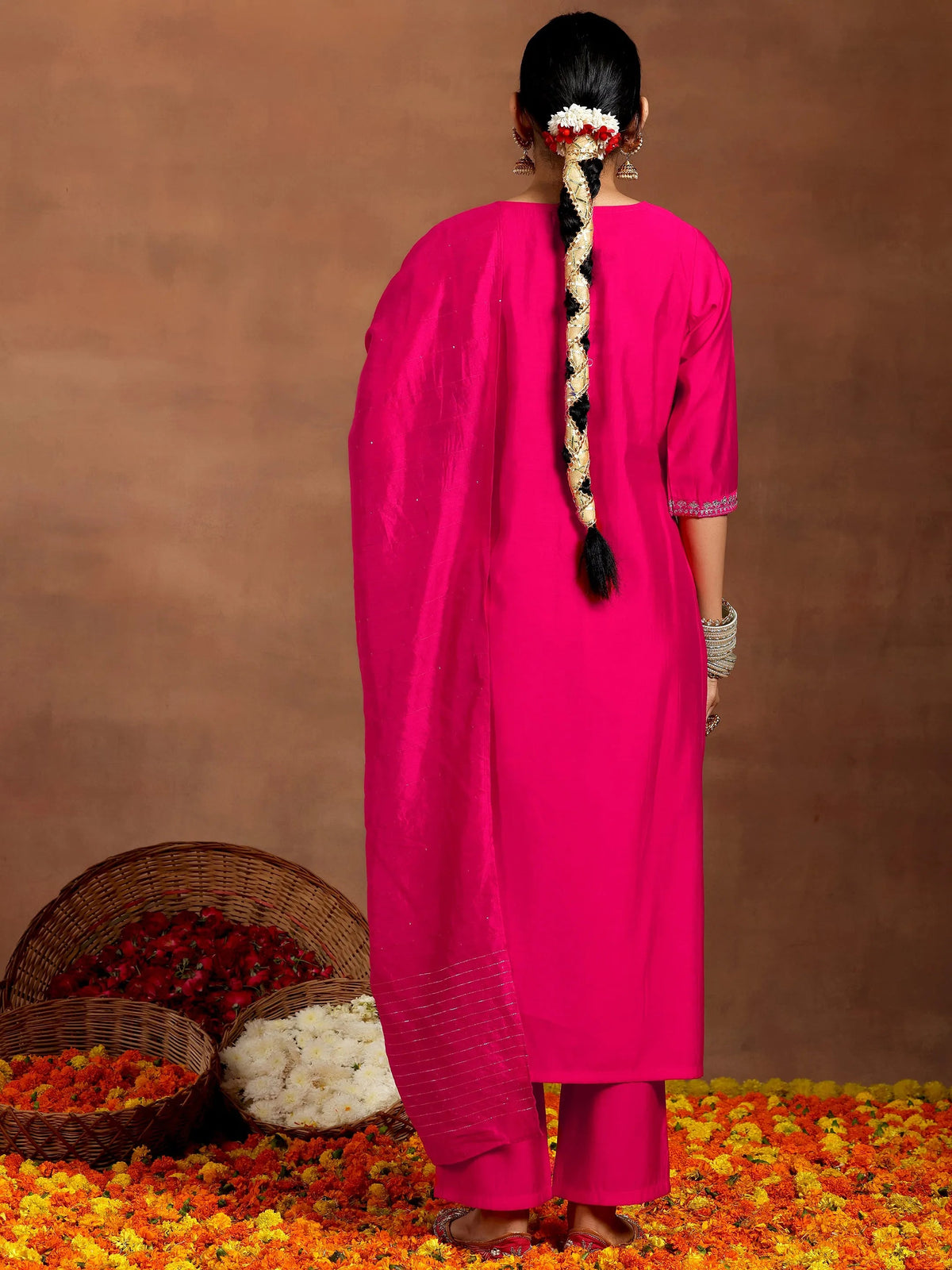 Anouk Pink Embroidered Silk Blend Straight Suit With Dupatta
