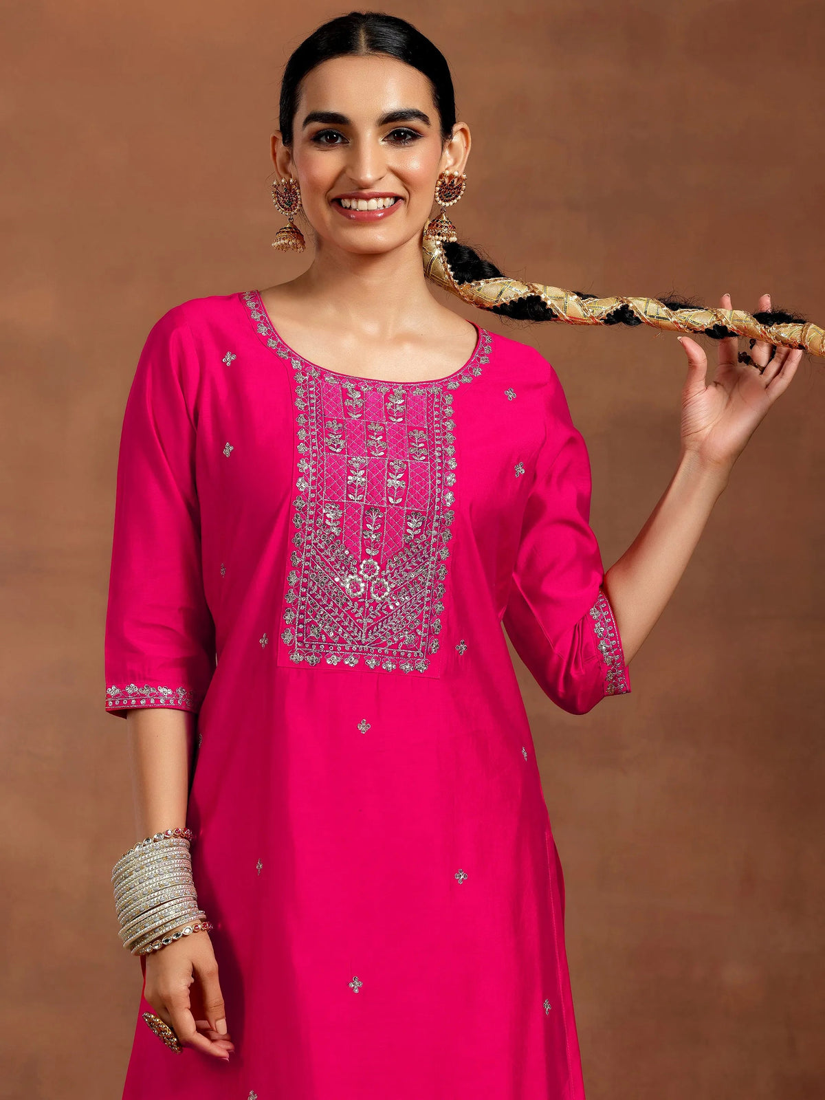 Anouk Pink Embroidered Silk Blend Straight Suit With Dupatta