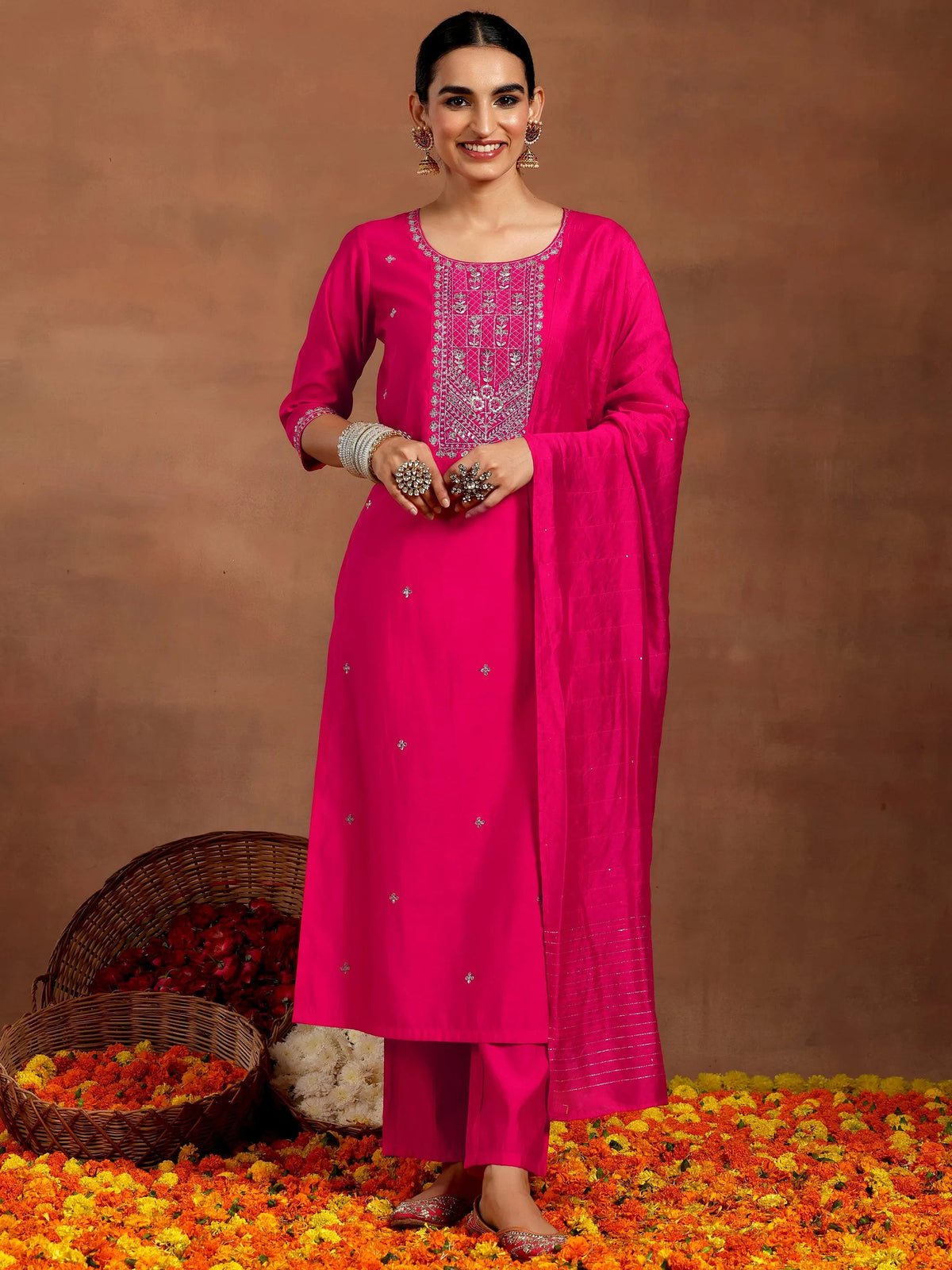 Anouk Pink Embroidered Silk Blend Straight Suit With Dupatta