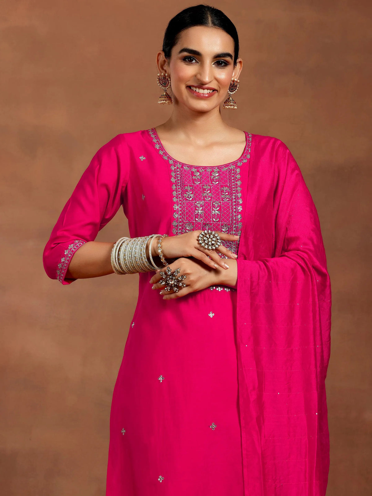 Anouk Pink Embroidered Silk Blend Straight Suit With Dupatta
