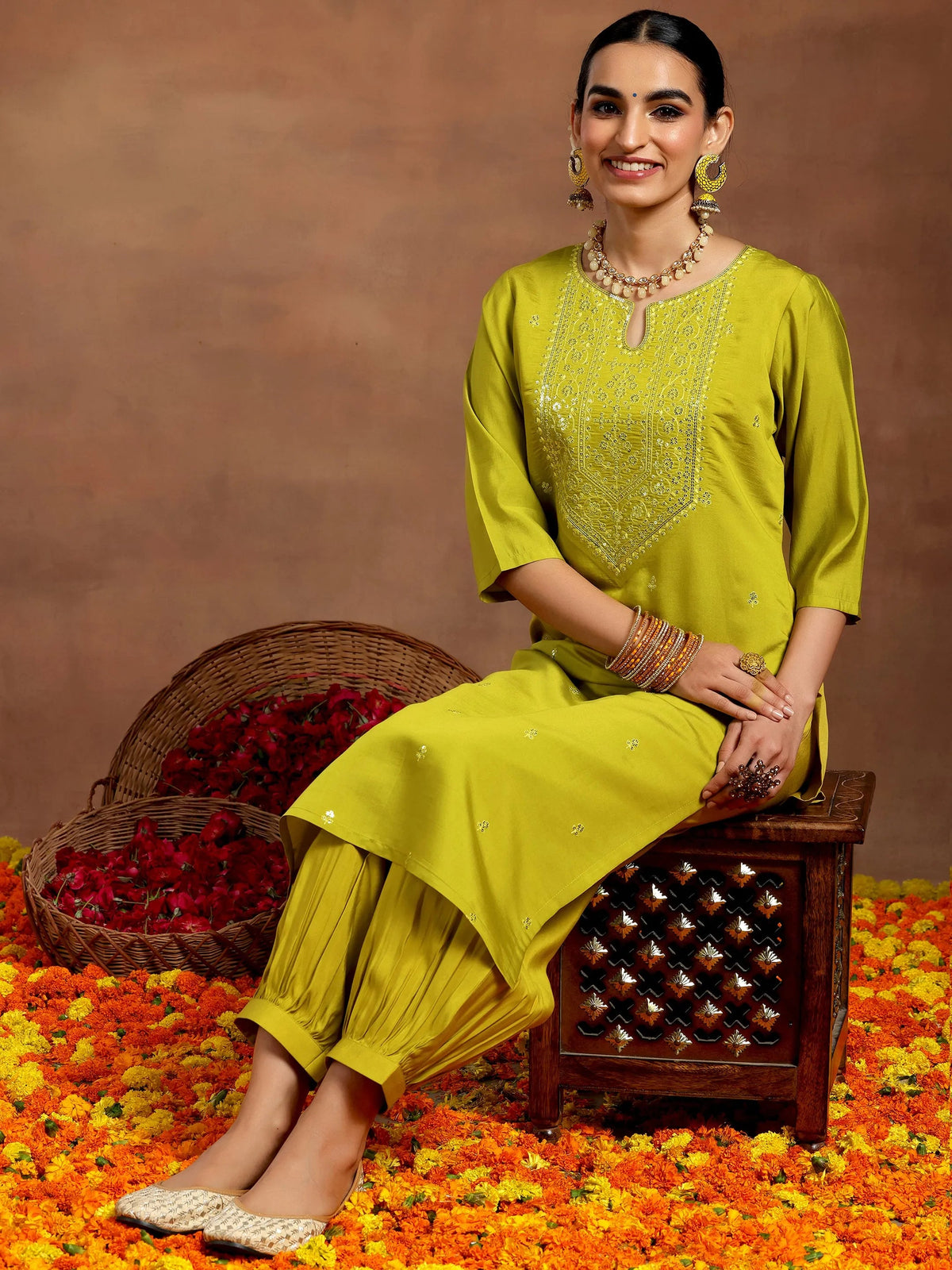Anouk Lime Green Embroidered Silk Blend Straight Kurta Set