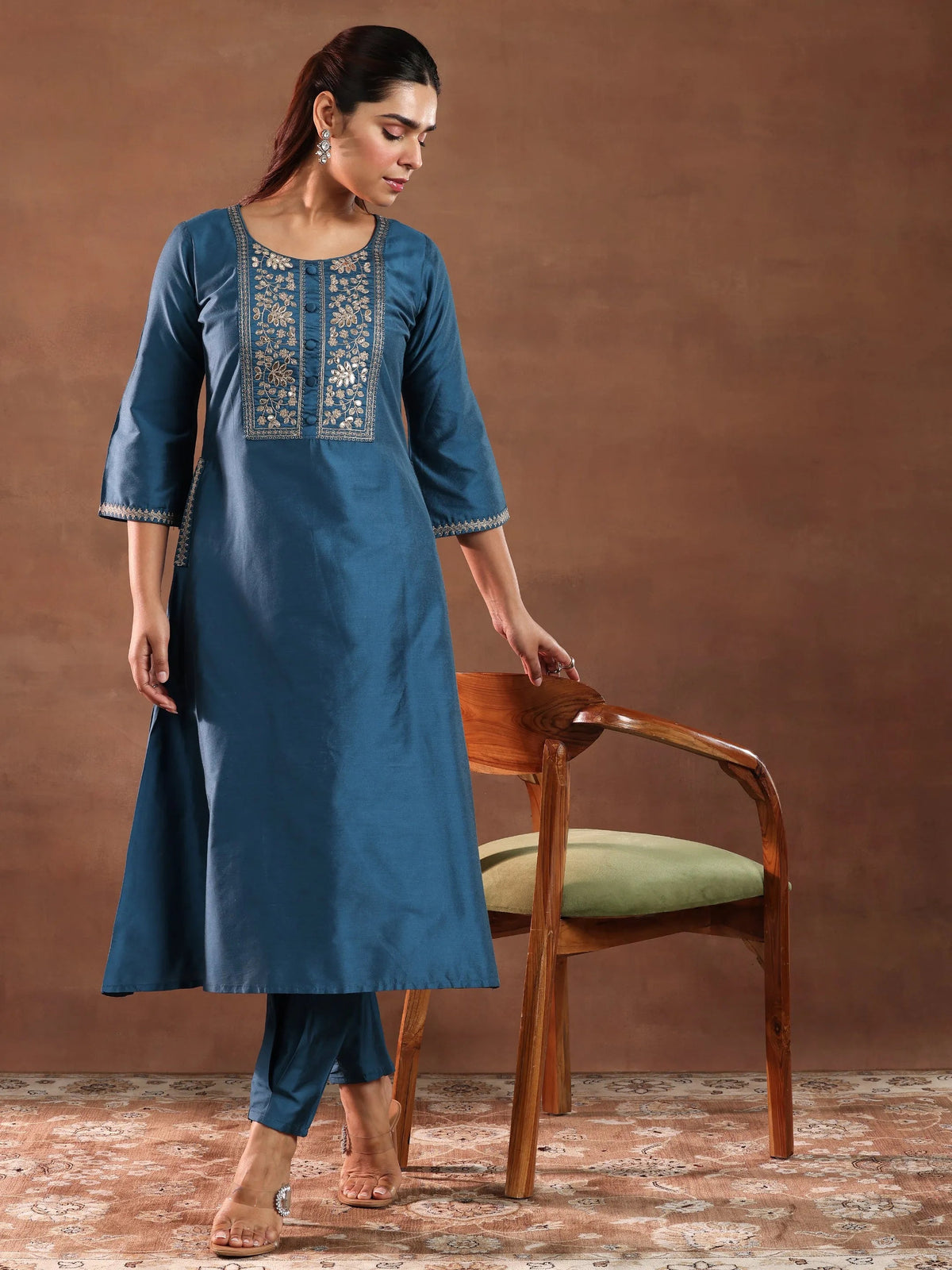 Anouk Blue Yoke Design Silk Blend A-Line Kurta With Trousers