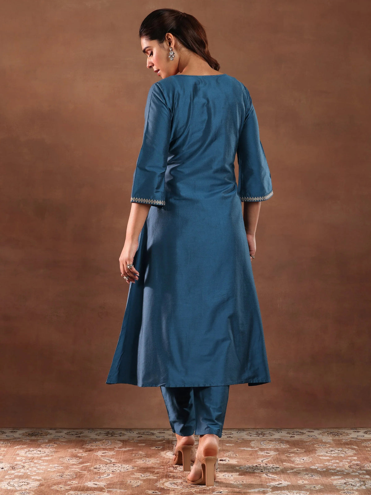 Anouk Blue Yoke Design Silk Blend A-Line Kurta With Trousers