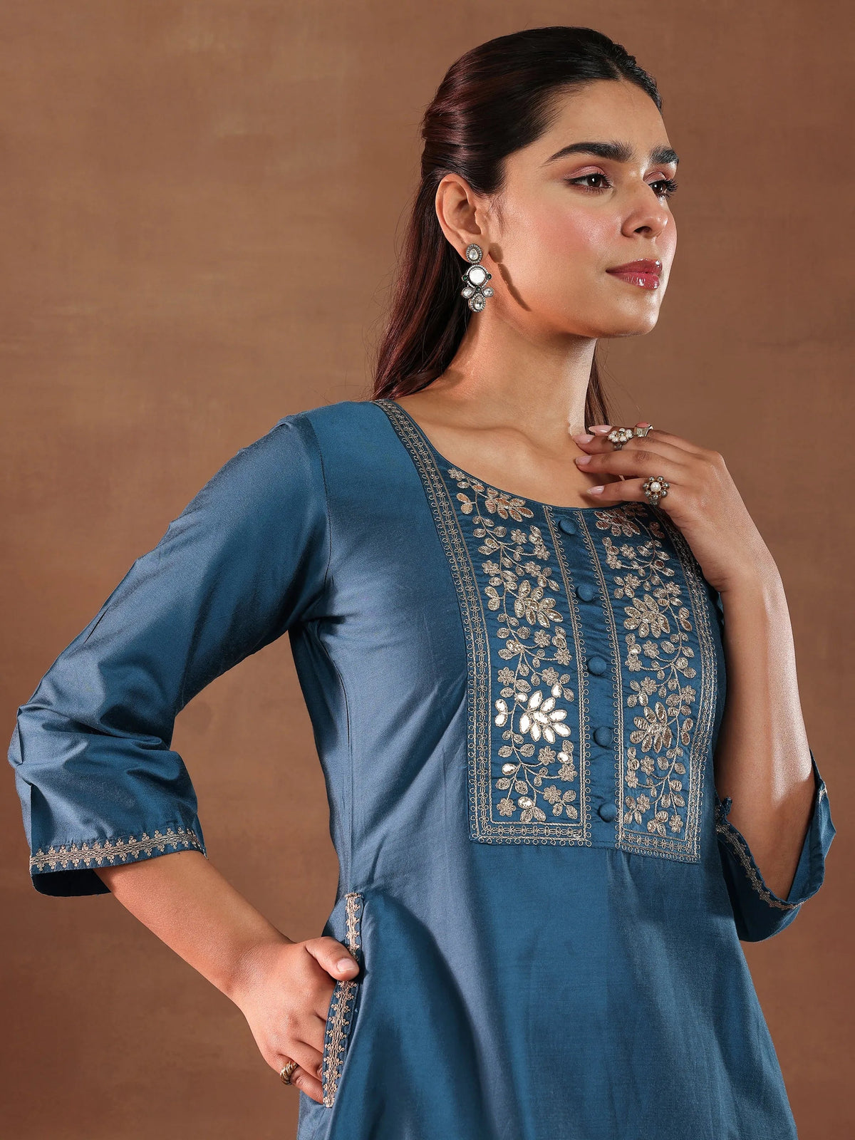 Anouk Blue Yoke Design Silk Blend A-Line Kurta With Trousers