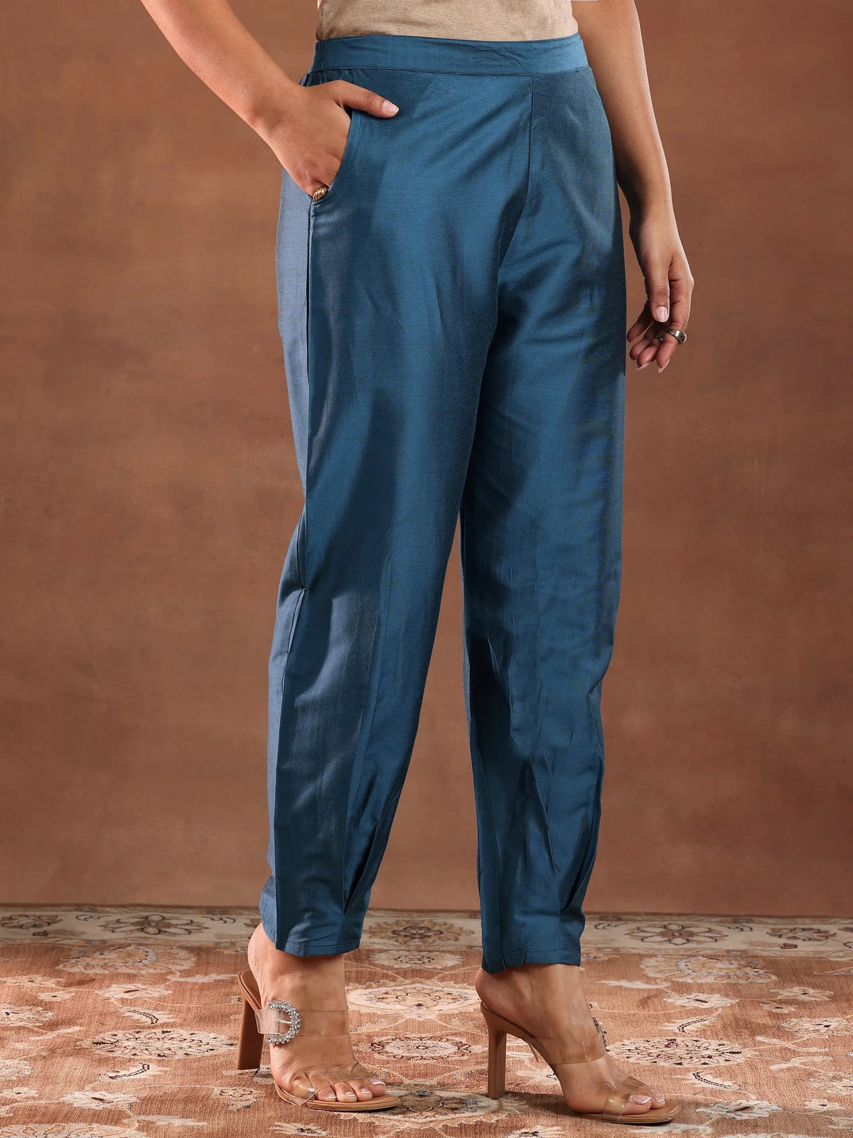 Anouk Blue Yoke Design Silk Blend A-Line Kurta With Trousers