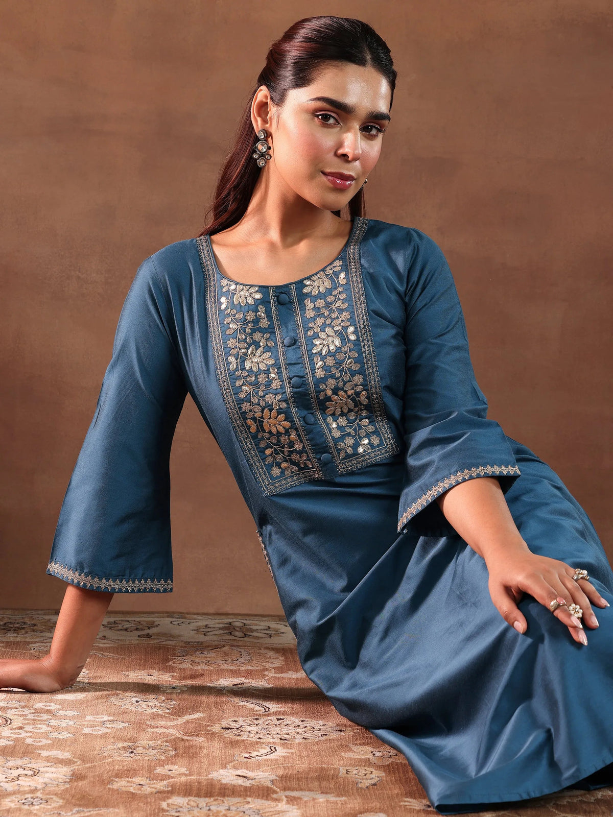 Anouk Blue Yoke Design Silk Blend A-Line Kurta With Trousers