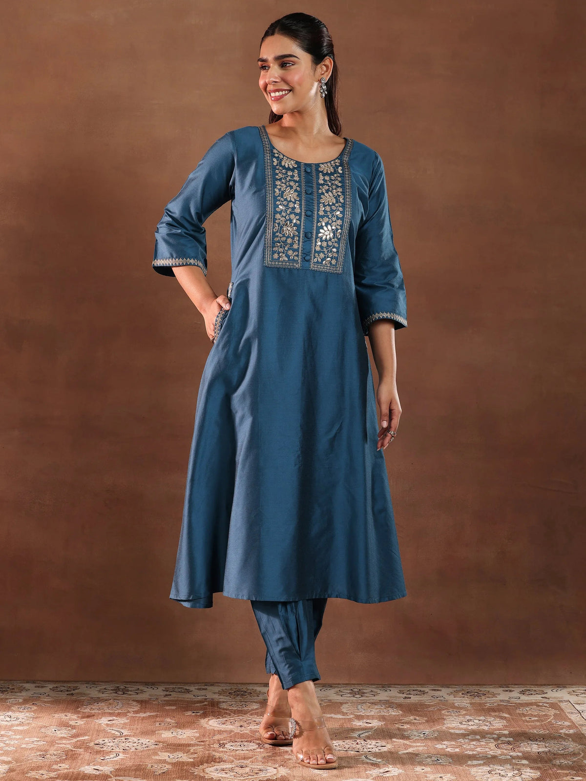 Anouk Blue Yoke Design Silk Blend A-Line Kurta With Trousers