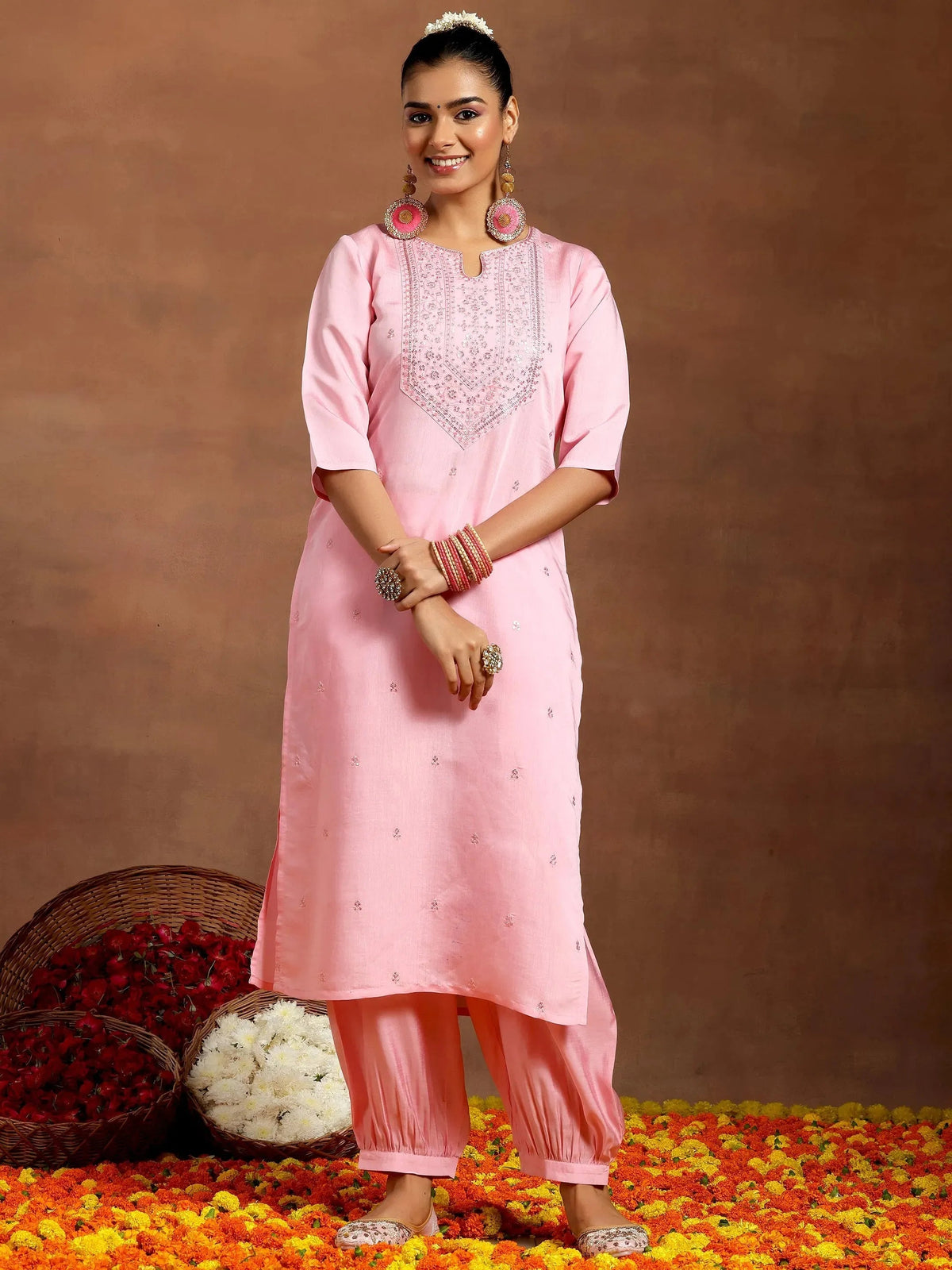 Anouk Pink Embroidered Silk Blend Straight Kurta Set