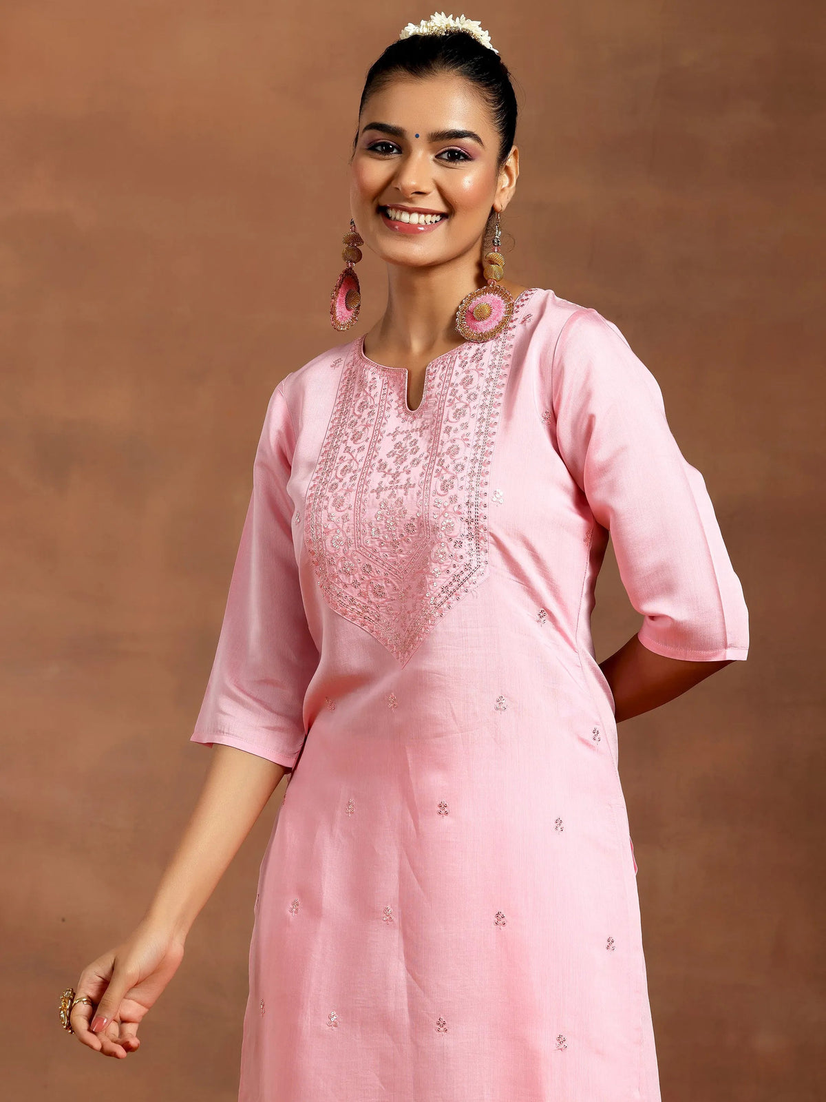 Anouk Pink Embroidered Silk Blend Straight Kurta Set