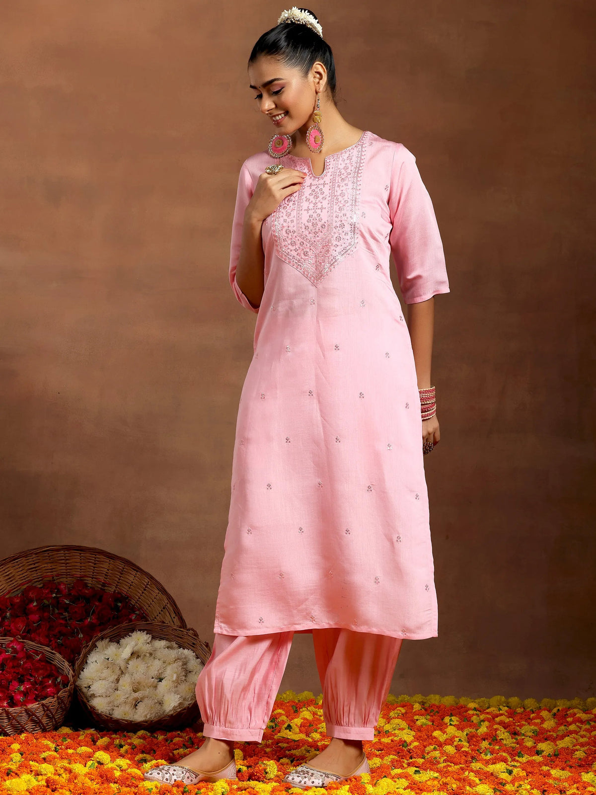 Anouk Pink Embroidered Silk Blend Straight Kurta Set