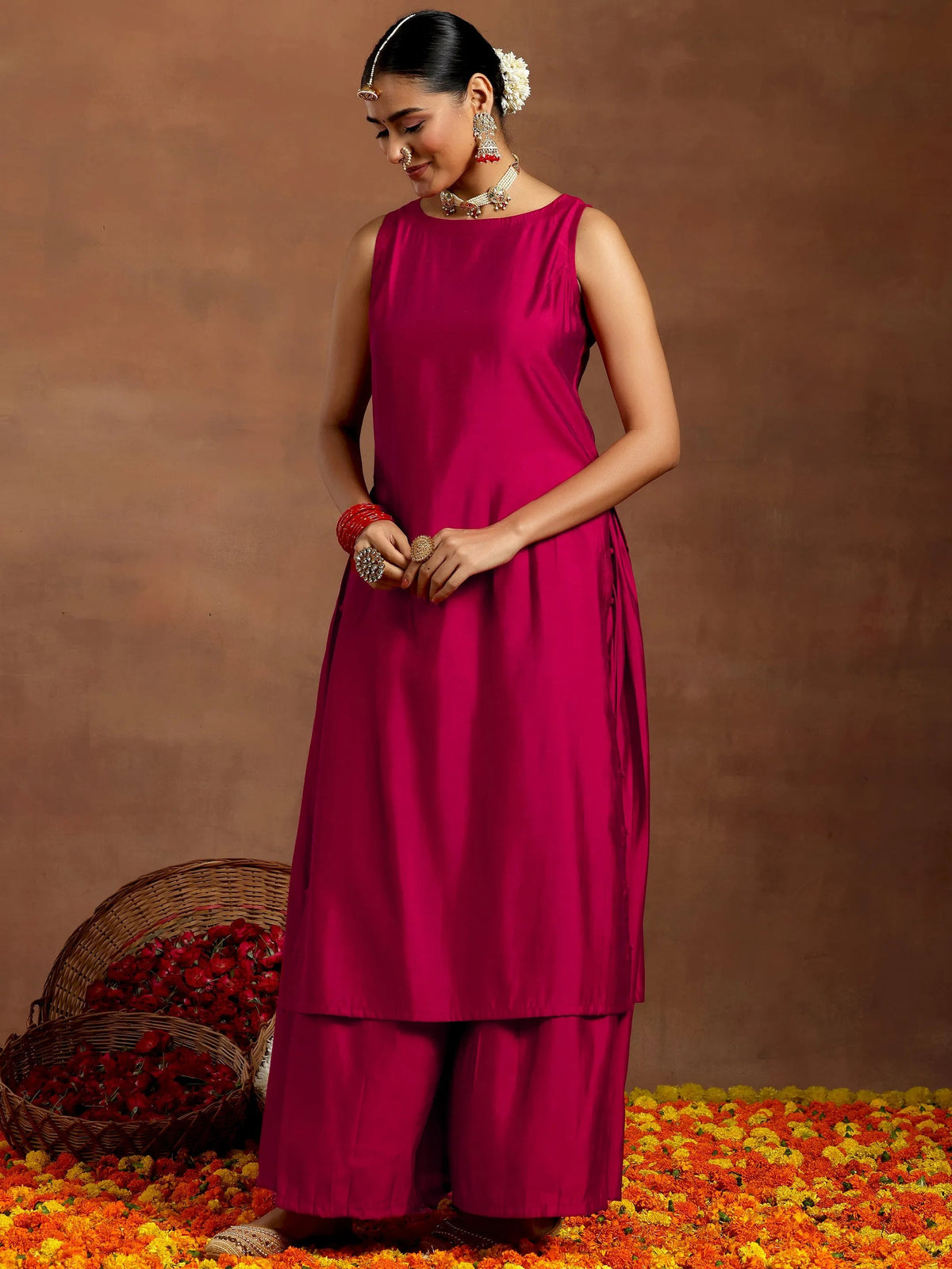 Anouk Pink Solid Silk Blend Straight Suit With Dupatta