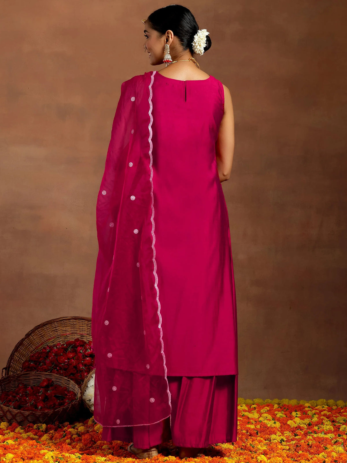 Anouk Pink Solid Silk Blend Straight Suit With Dupatta