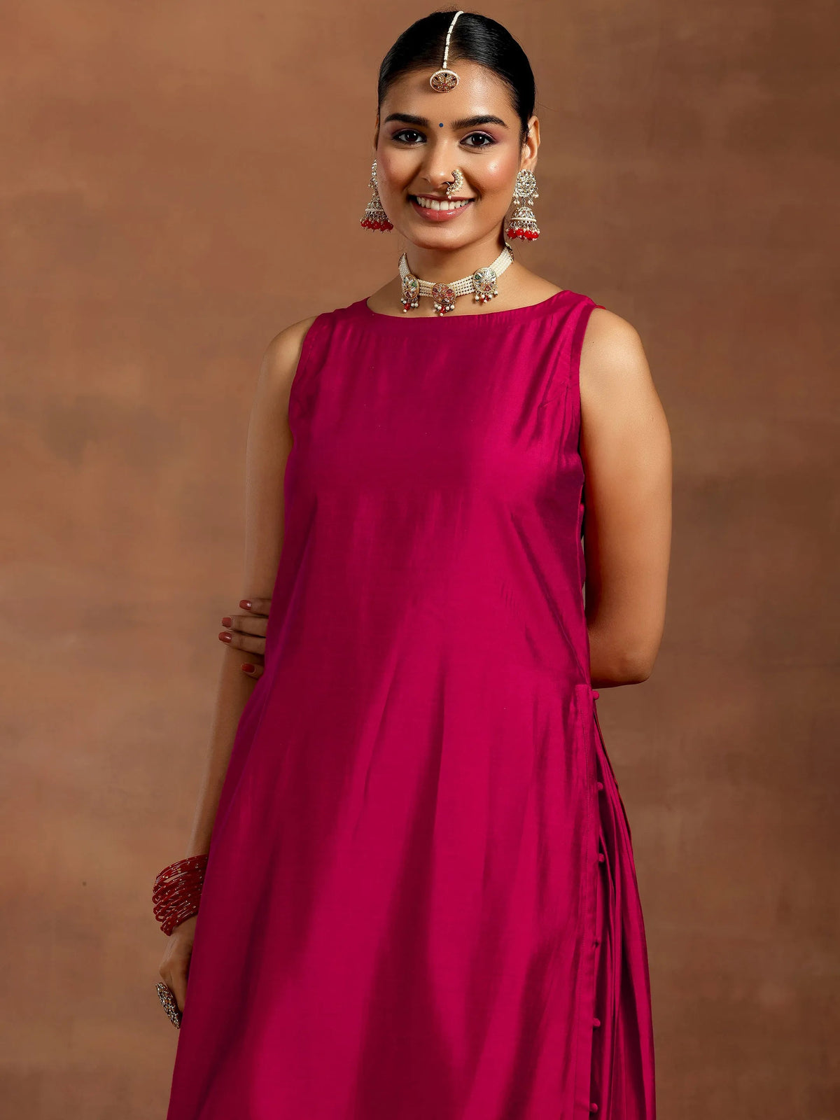 Anouk Pink Solid Silk Blend Straight Suit With Dupatta