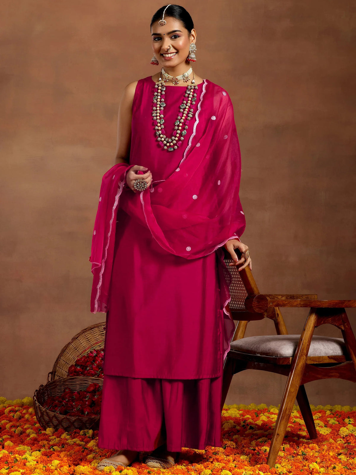 Anouk Pink Solid Silk Blend Straight Suit With Dupatta