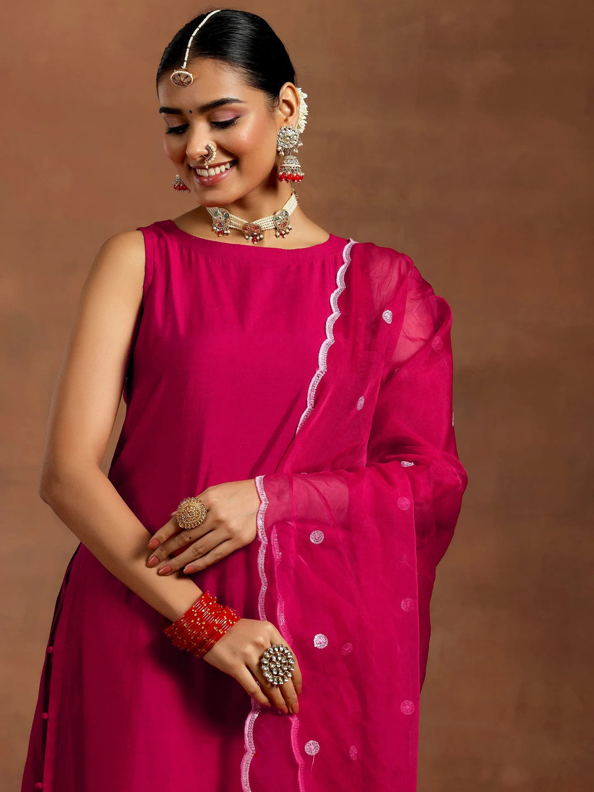 Anouk Pink Solid Silk Blend Straight Suit With Dupatta