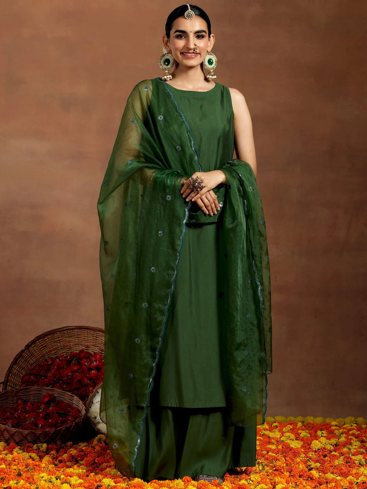 Anouk Green Solid Silk Blend Straight Suit With Dupatta