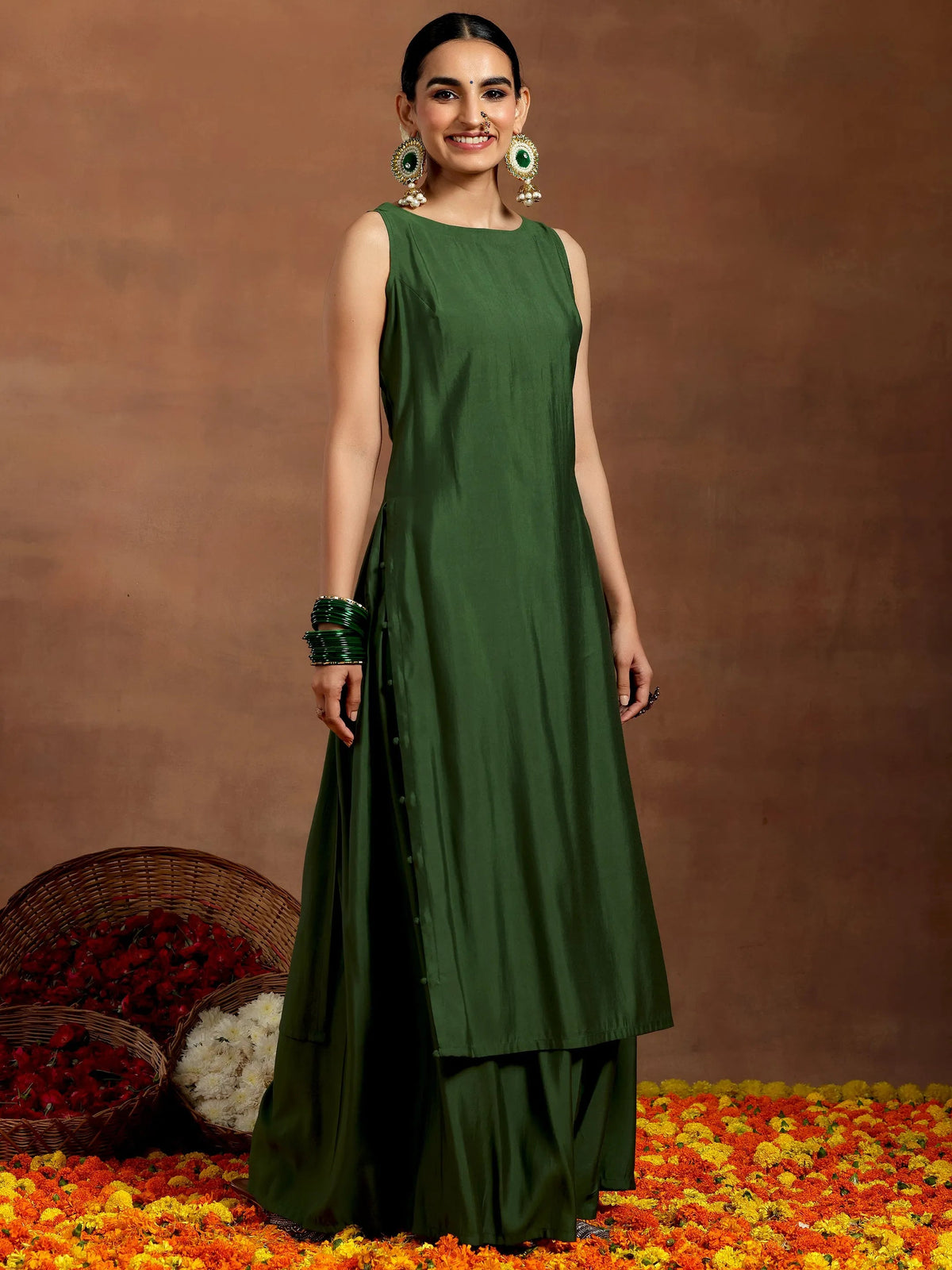 Anouk Green Solid Silk Blend Straight Suit With Dupatta