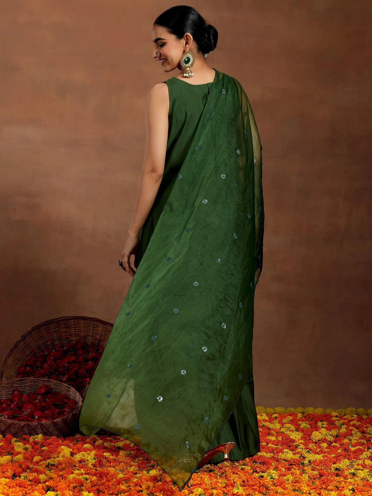 Anouk Green Solid Silk Blend Straight Suit With Dupatta