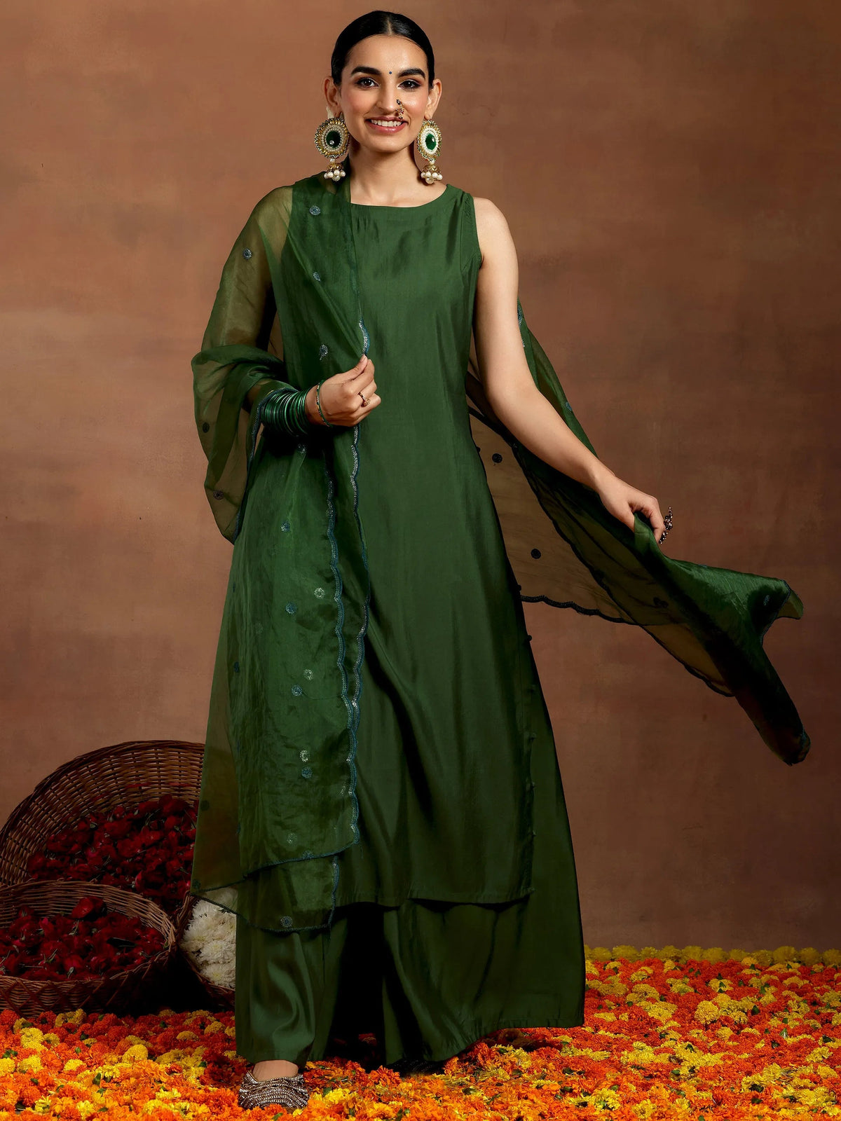 Anouk Green Solid Silk Blend Straight Suit With Dupatta