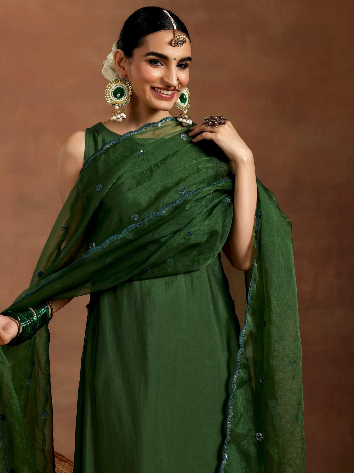Anouk Green Solid Silk Blend Straight Suit With Dupatta