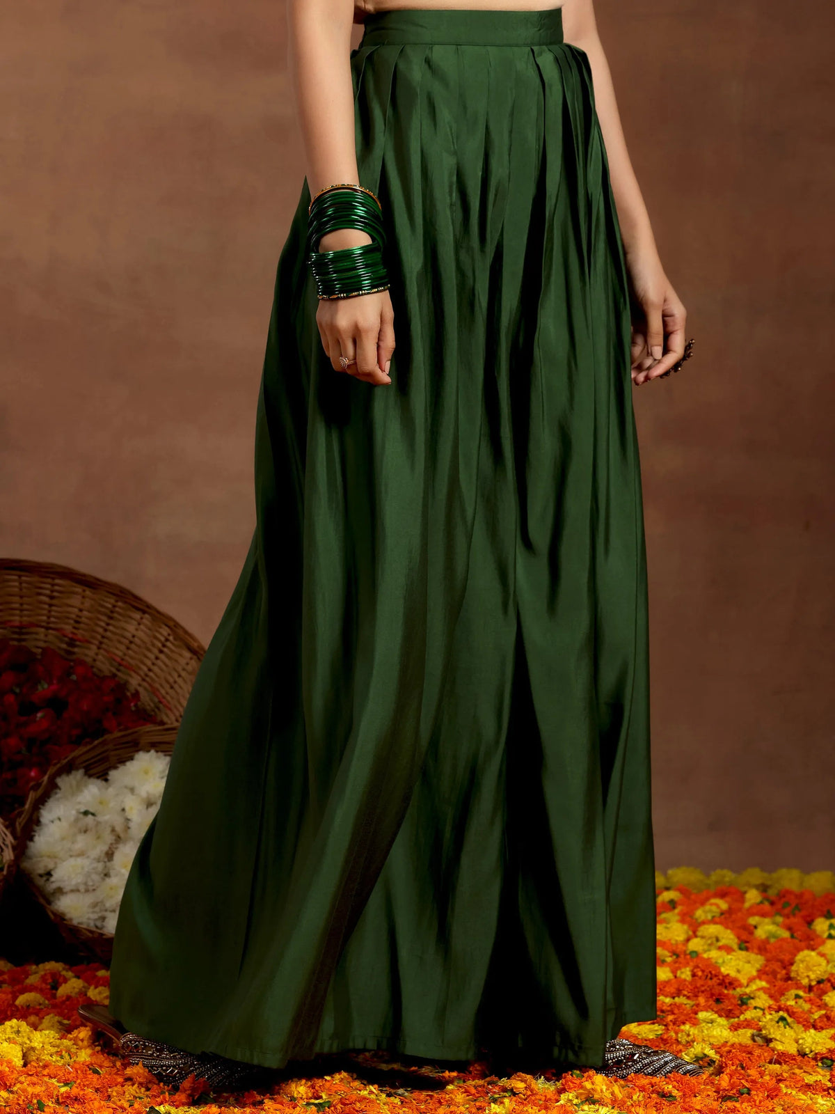 Anouk Green Solid Silk Blend Straight Suit With Dupatta