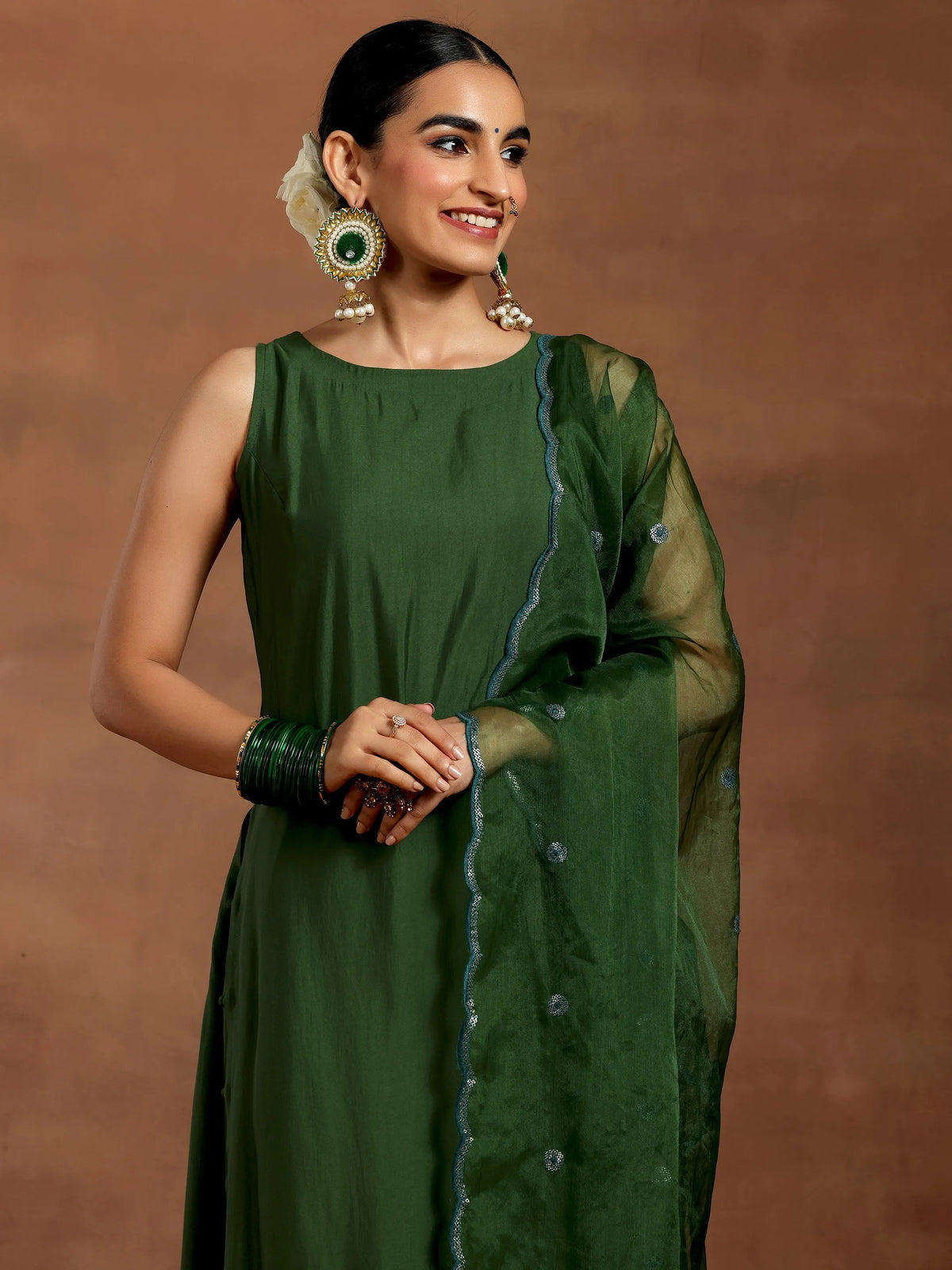 Anouk Green Solid Silk Blend Straight Suit With Dupatta
