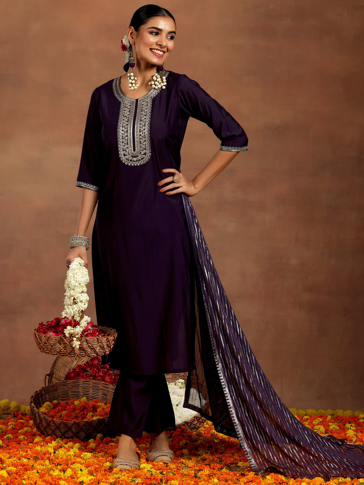 Anouk Purple Yoke Design Silk Blend Straight Suit With Dupatta