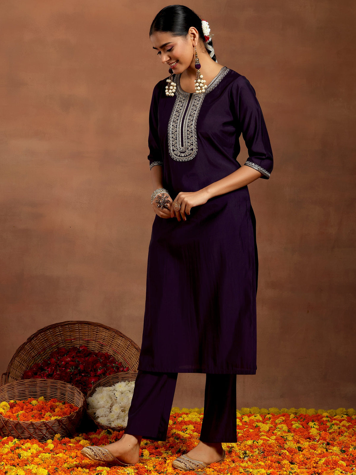 Anouk Purple Yoke Design Silk Blend Straight Suit With Dupatta