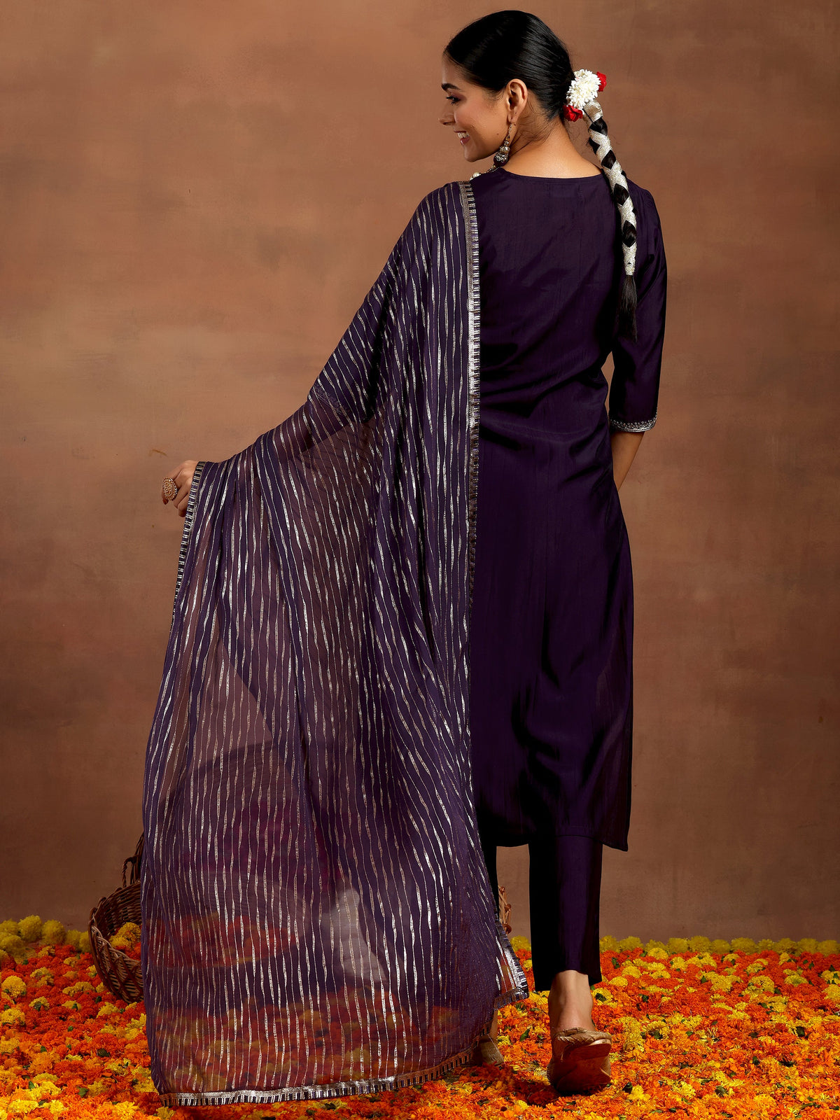 Anouk Purple Yoke Design Silk Blend Straight Suit With Dupatta