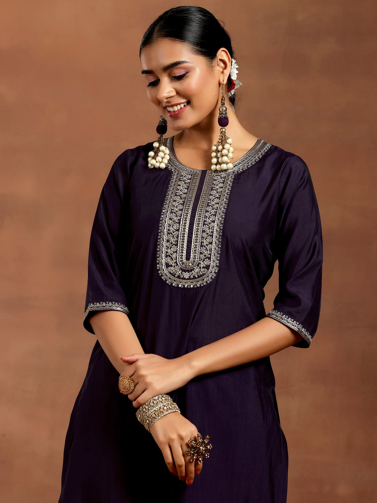 Anouk Purple Yoke Design Silk Blend Straight Suit With Dupatta
